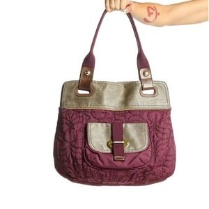 Quilted Purple Shoulder Bag With Grey Accents And Buckle Closure